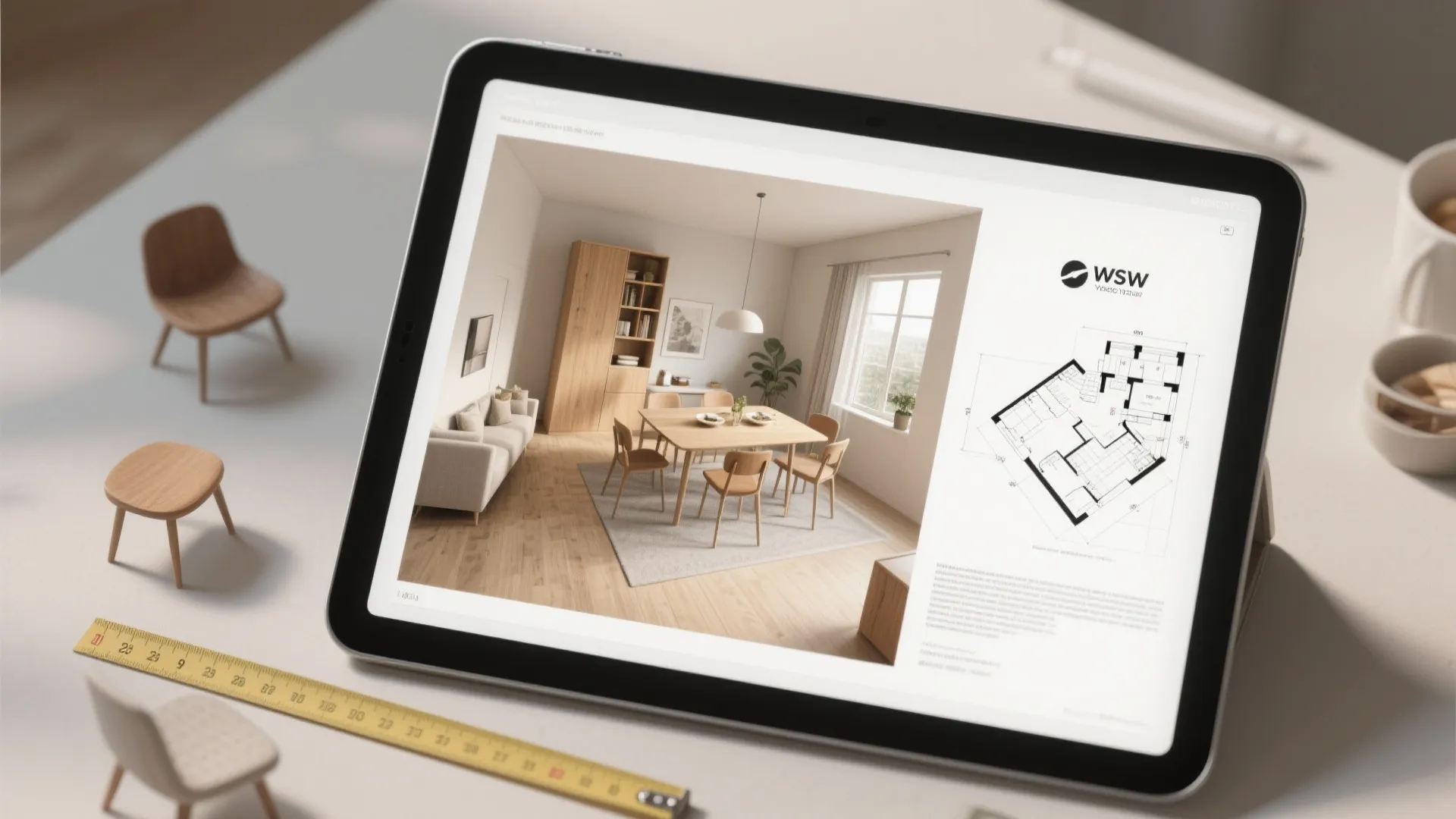 Tablet screen showing a dining room interior design drawing with a floor plan and layout