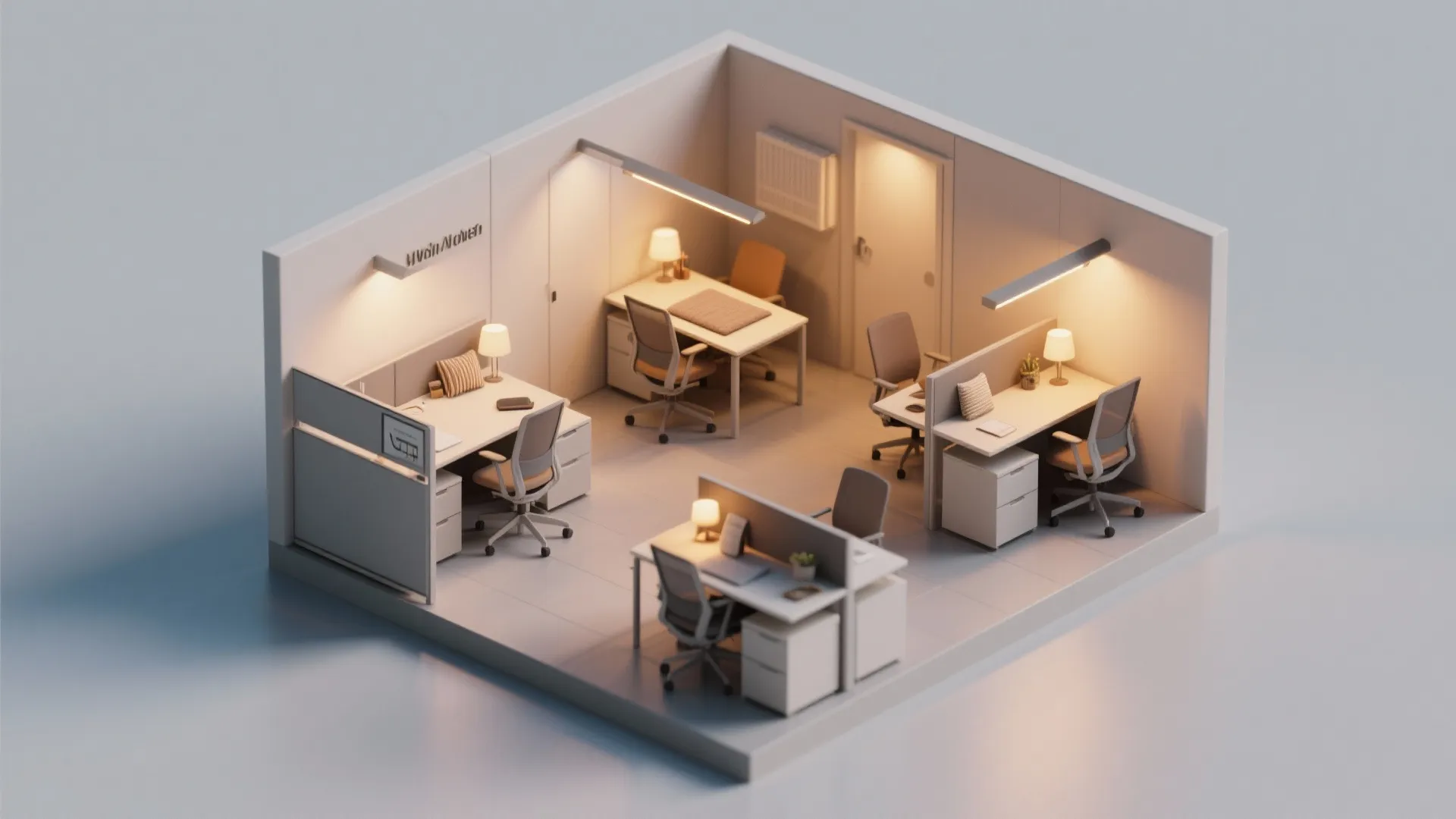 Interior design drawing showing a small office room layout with four desks and grey chairs