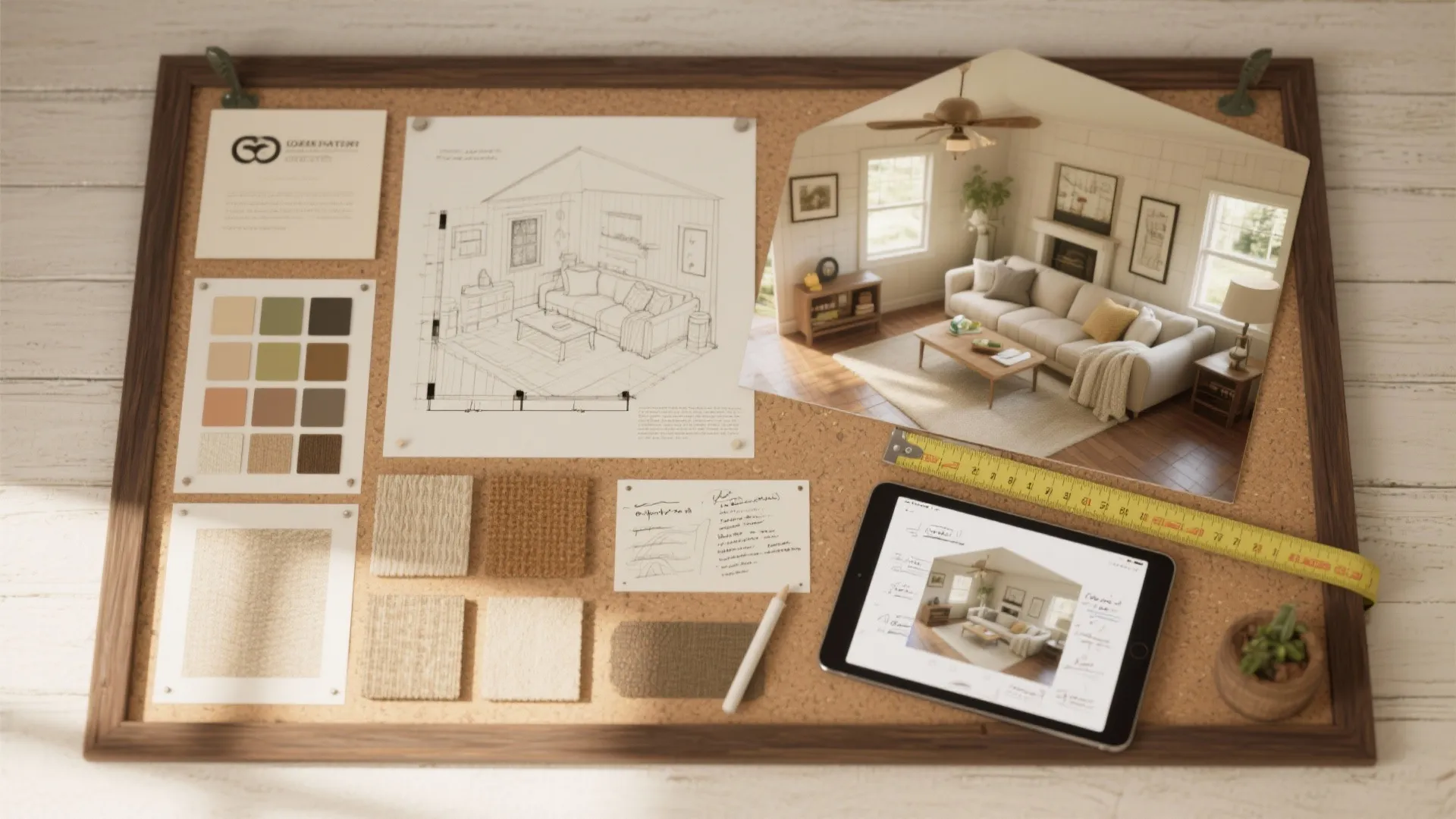 Mood board with interior design drawing material samples color palette and tablet showing a room