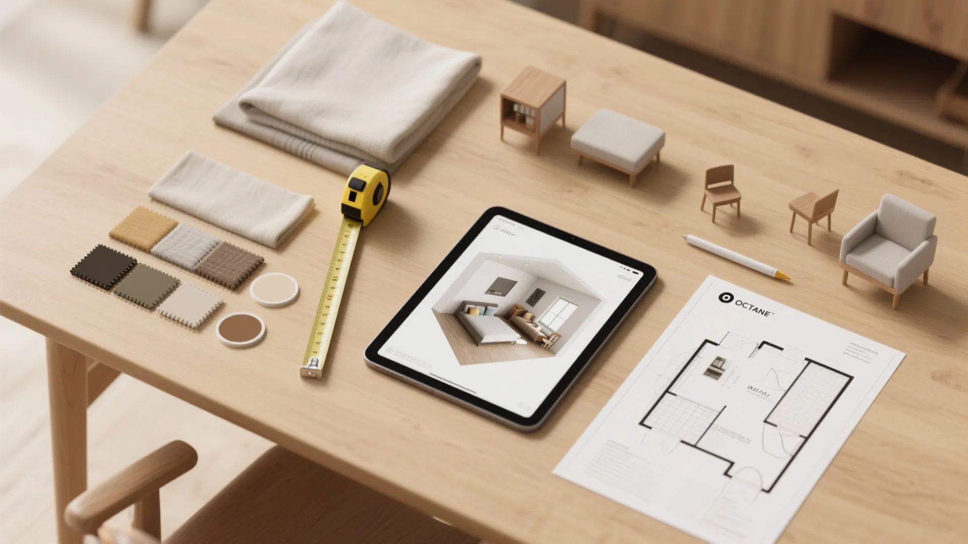 Interior design drawing on tablet with floor plan paper fabric samples and small furniture model pieces
