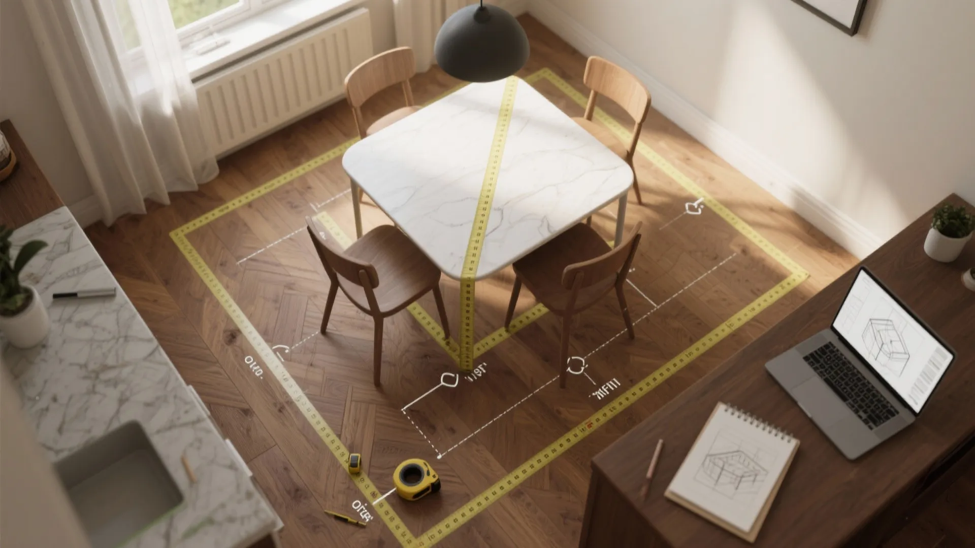 Dining table set with yellow measuring tape lines on wood floor next to work desk