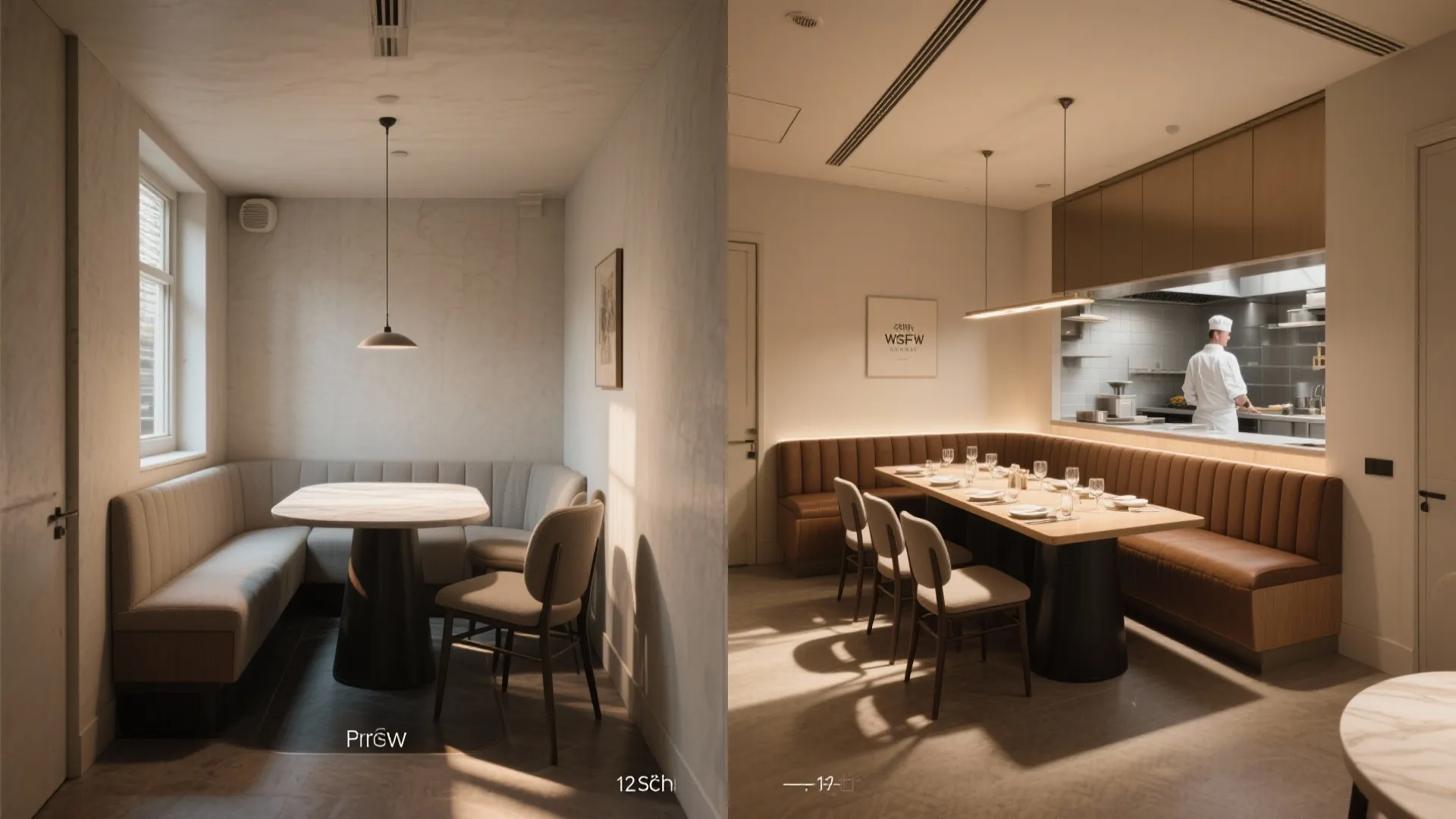 Before and after comparison of a 12 sqm private dining layout showing optimized seating and service flow.