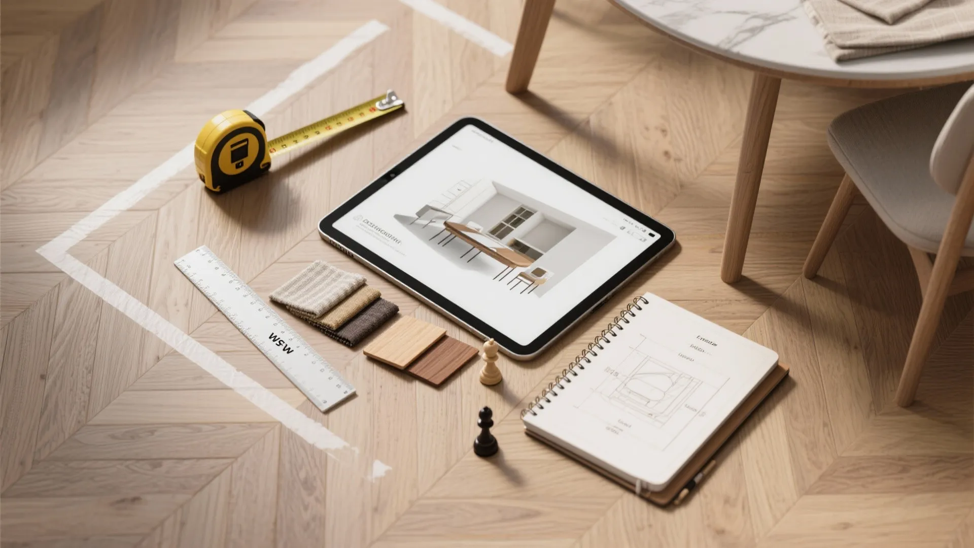 Tablet showing interior design drawing with tape measure ruler fabric samples and notebook on floor