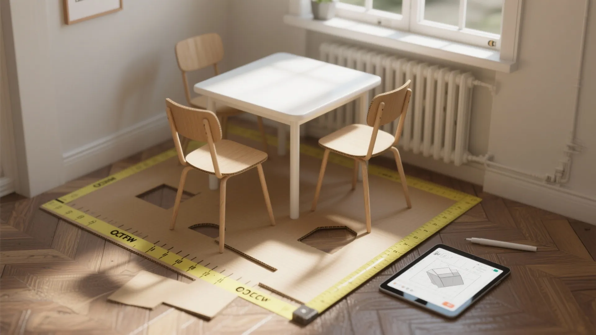 Small white table and wooden chairs on cardboard floor layout template with a tablet design