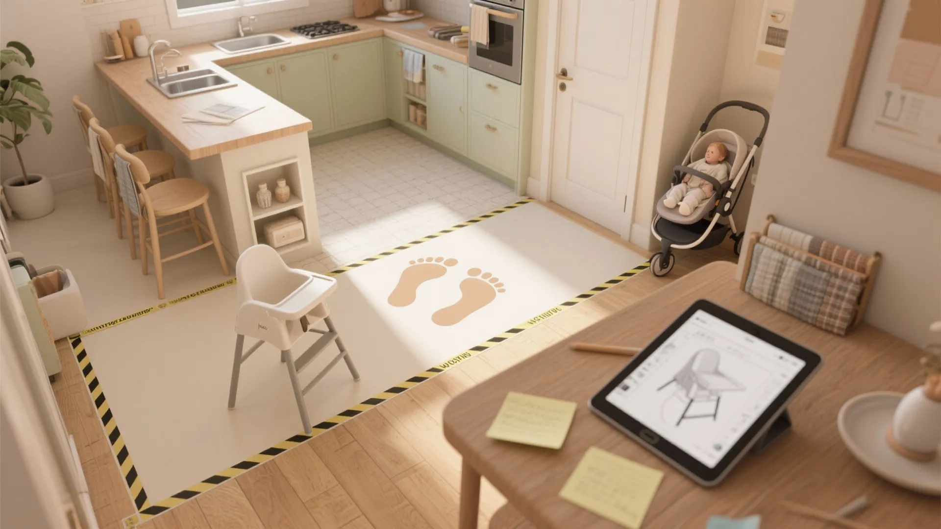 Top-down mockup of kitchen planning with floor tape marking highchair footprint, clearance zones, and a tablet 3D mockup.