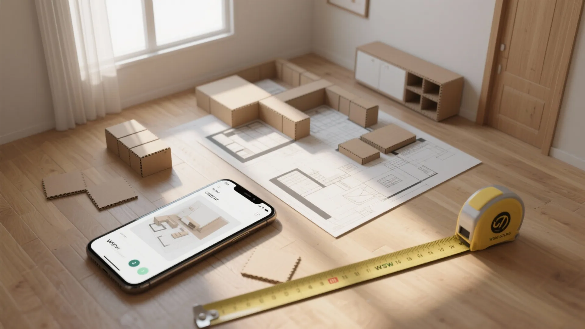 Interior design drawing with cardboard models a smartphone app and a yellow measuring tape tool