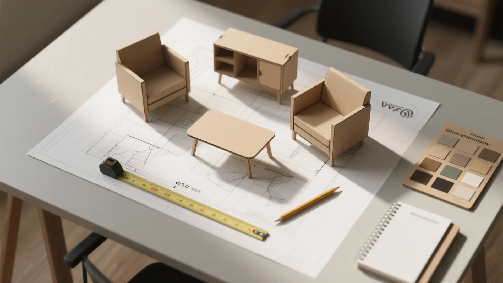 Cardboard furniture models on floor plan with measuring tape pencil color palette and notebook paper