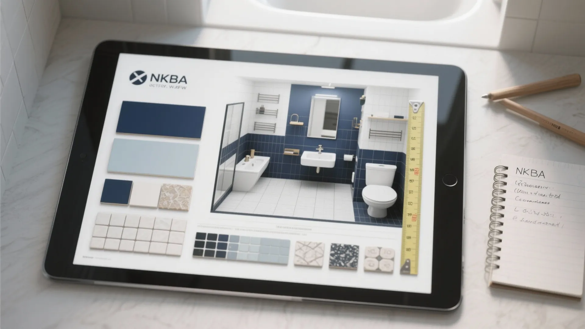 Tablet showing interior design drawing of a blue bathroom with white tiles and sink layout