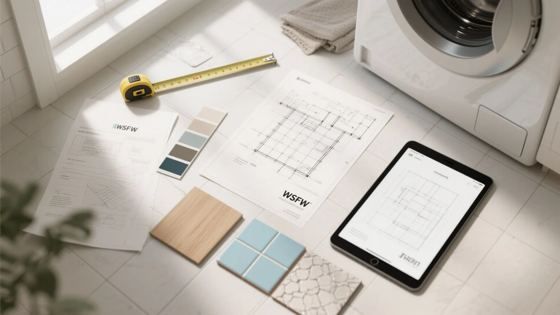 Interior design drawing tablet color samples and wood pieces on floor near a washing machine