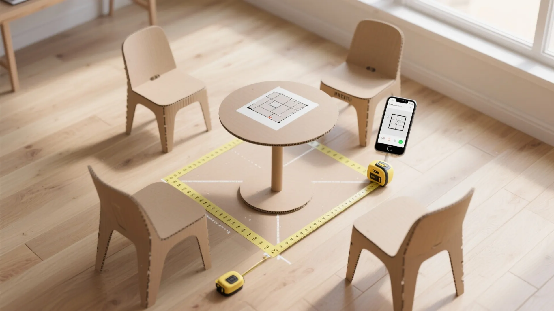 Cardboard furniture model with floor plan and phone showing room layout on wooden house floor
