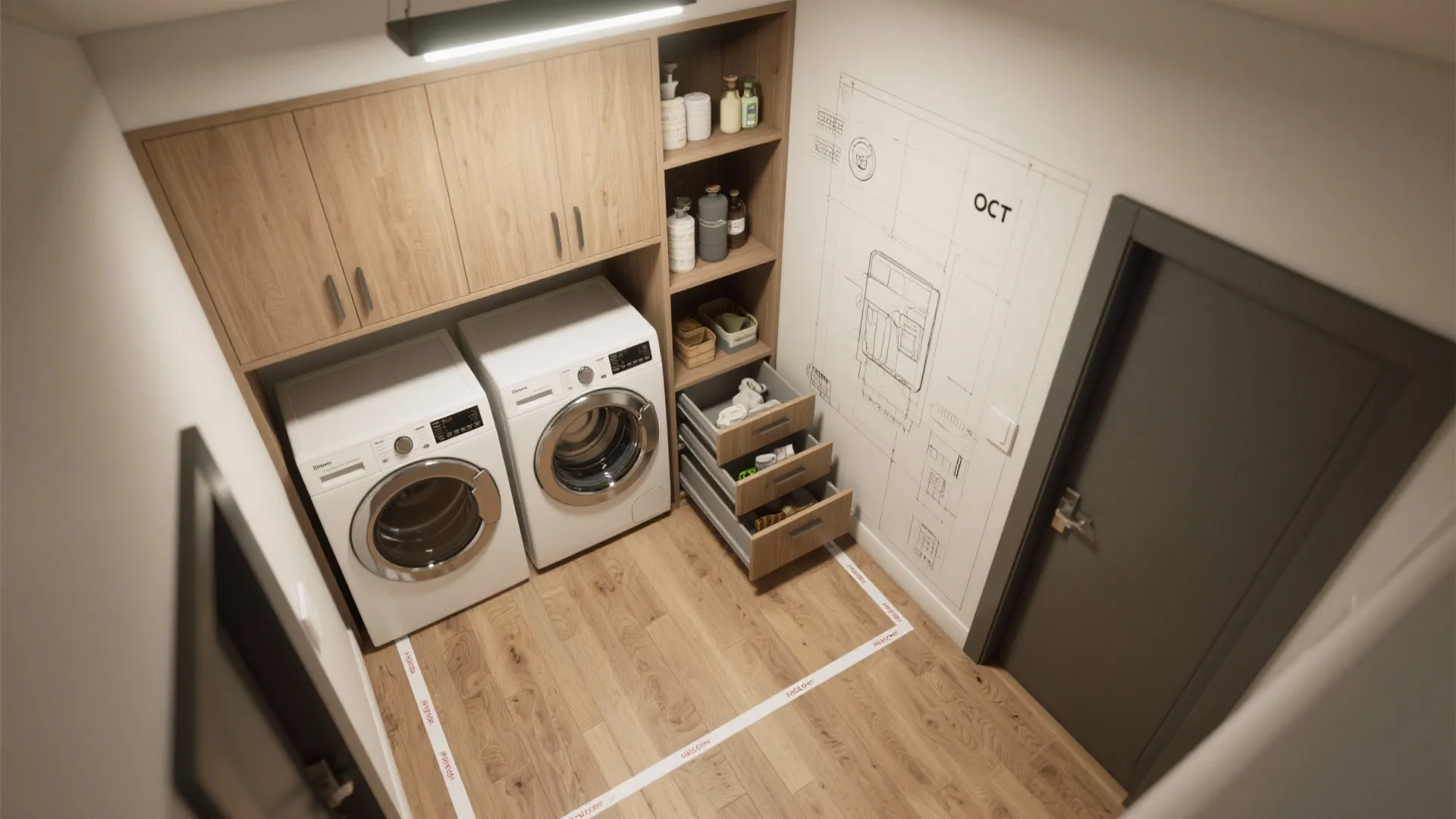 Laundry room layout with two washing machines wooden cabinets open drawers and interior design drawing