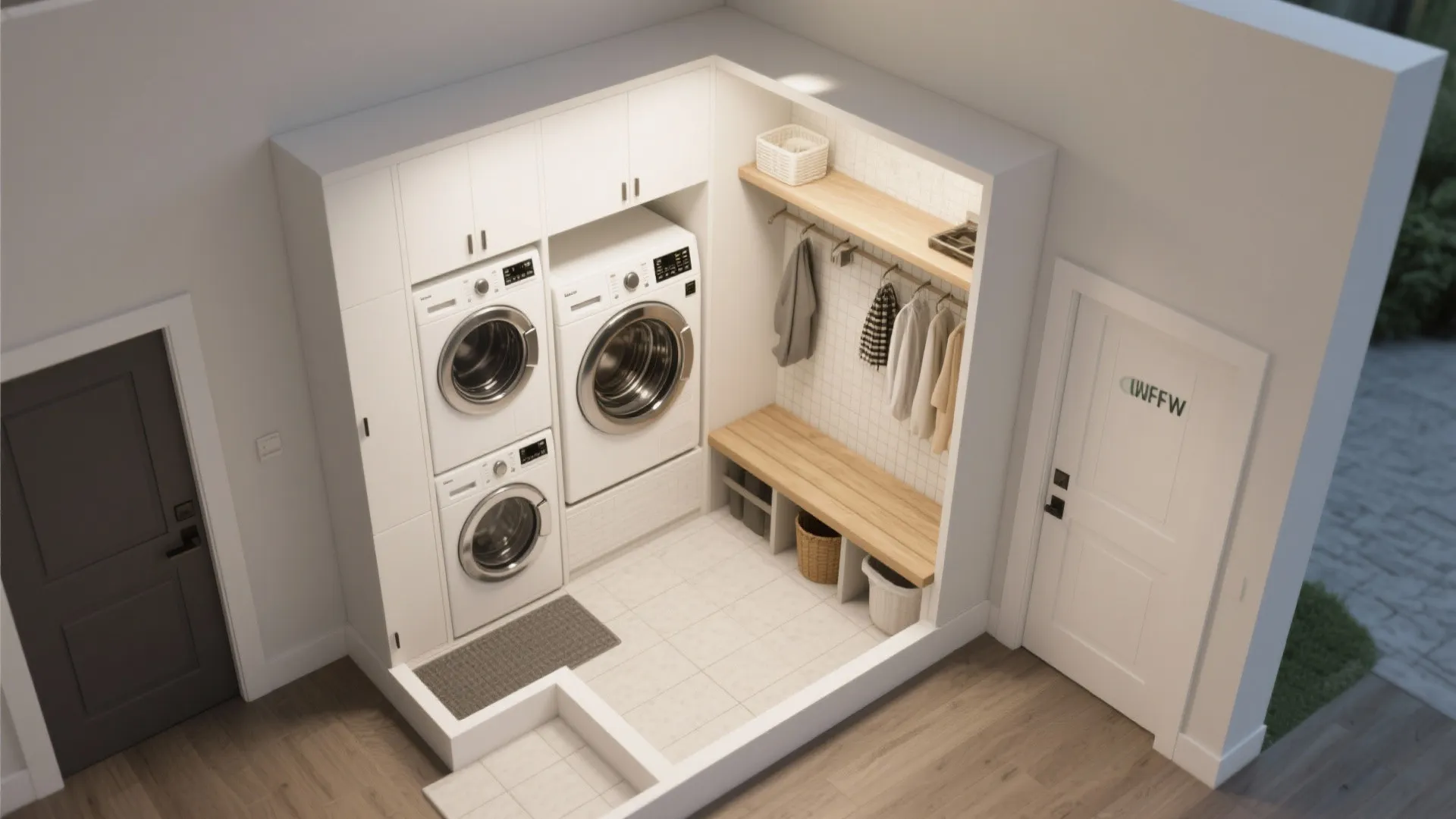 Top-down 3D mockup illustrating clearances and layout options for a compact mudroom-laundry combo.