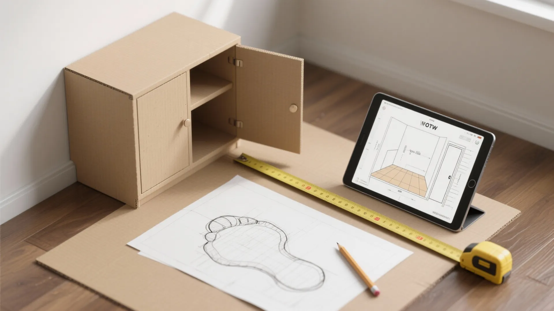 Small cardboard cabinet model next to tablet showing room layout design and yellow tape measure