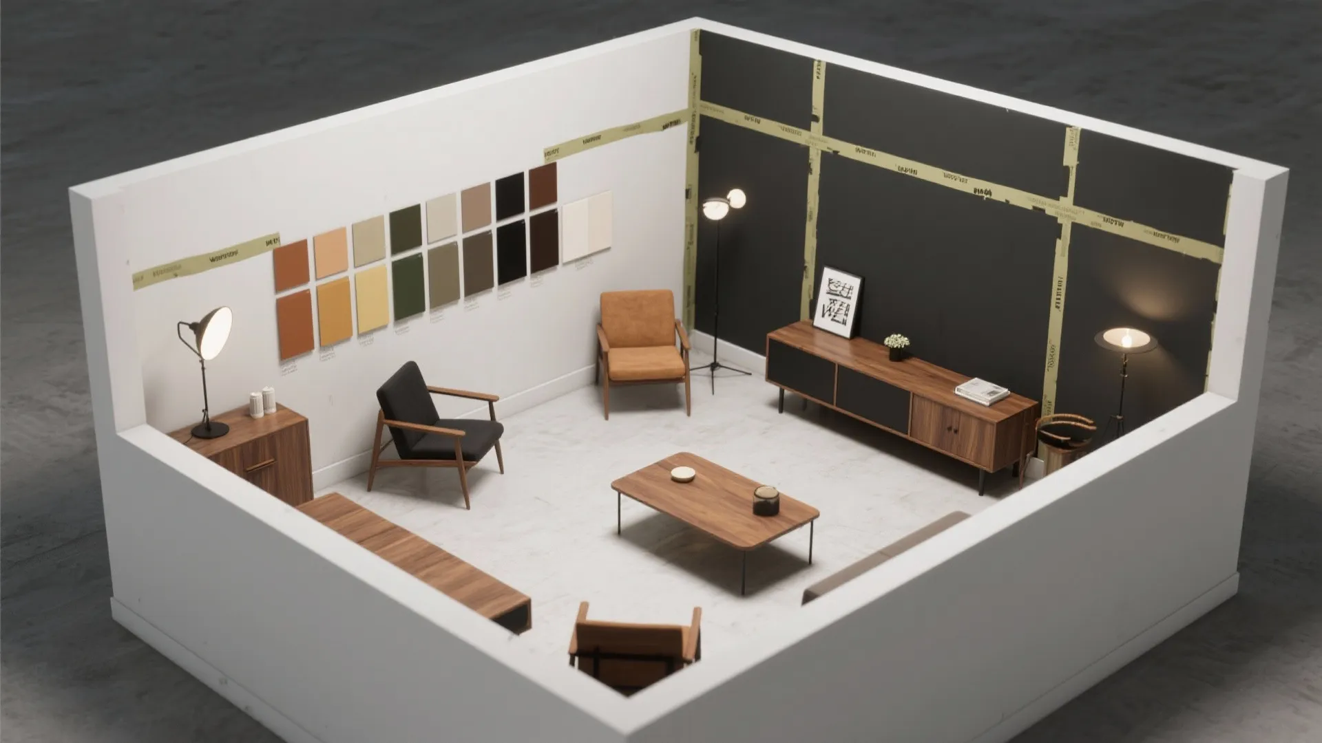 Top-down 3D mockup of a small studio layout with a charcoal accent wall and furniture placement.