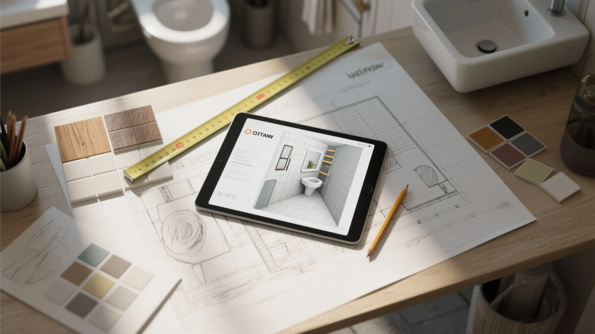 Tablet showing bathroom interior design drawing on desk with paper floor plans and yellow ruler