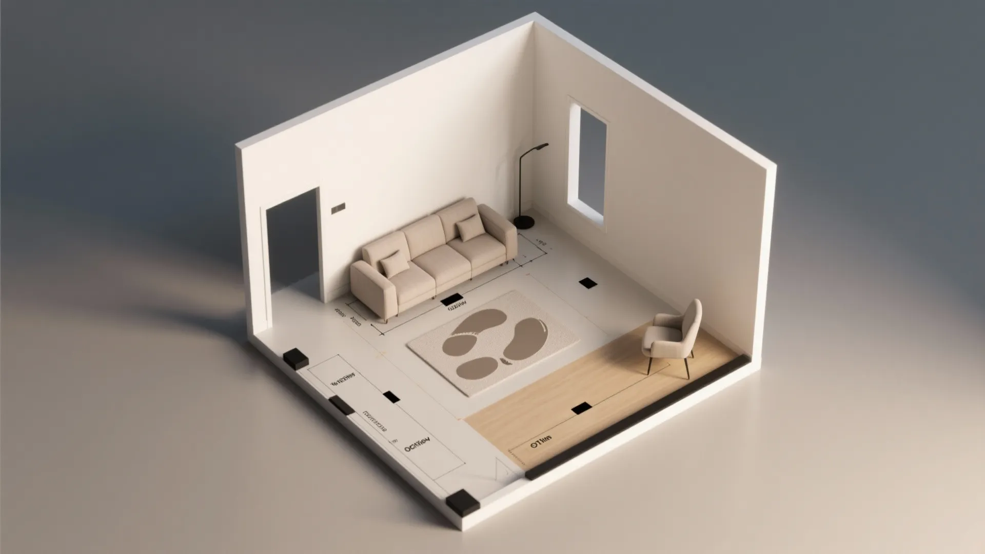 Top-down 3D room planner mockup with sofa, accent chair, and marked circulation paths to check scale.