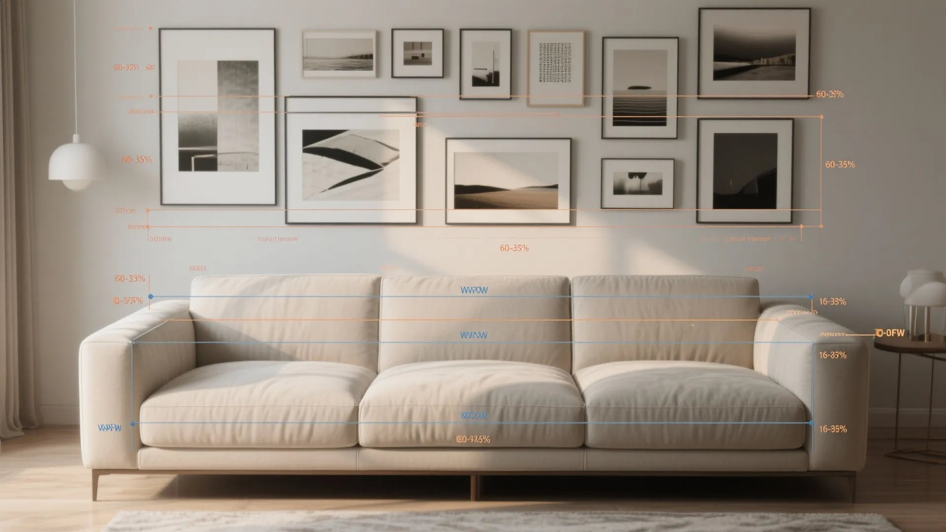 Top-down mockup showing sofa and horizontal art layout guides spanning 60–75% of sofa width.