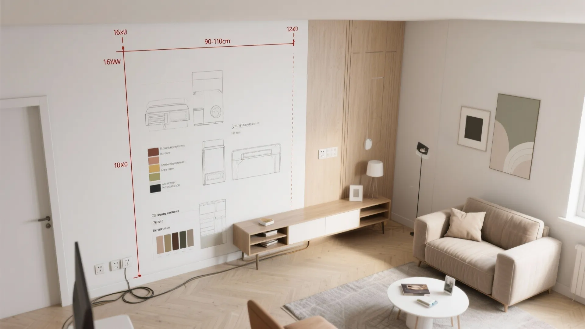 Top-down room planner mockup showing half wall height, furniture proportions and paint samples.