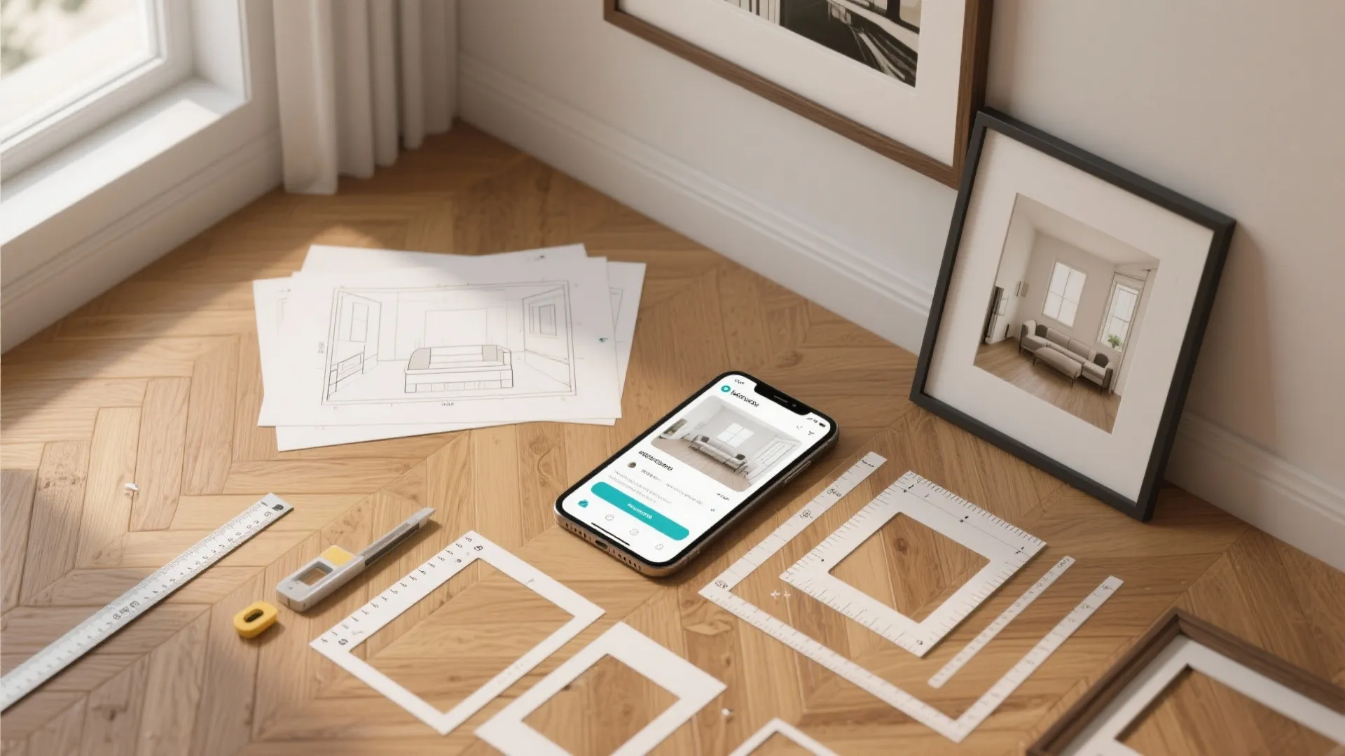 Top-down mockup of framed art layout planning with phone, scale templates and measuring tape.