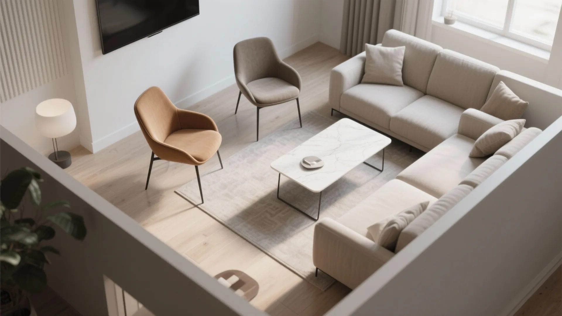 Top view of living room layout design with beige sofa marble table and two chairs