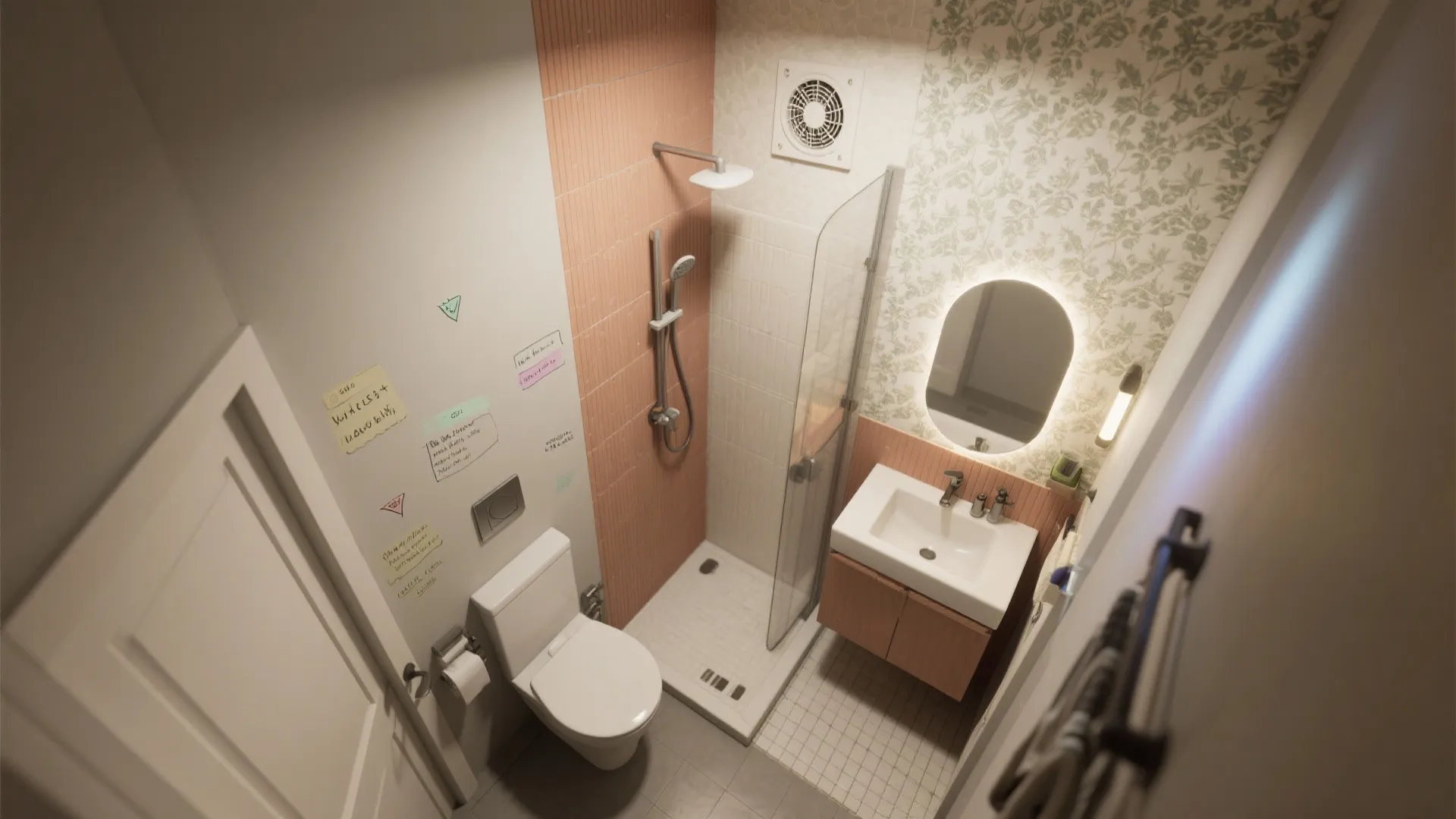 Small bathroom interior design drawing with shower toilet white sink and green floral wall paper