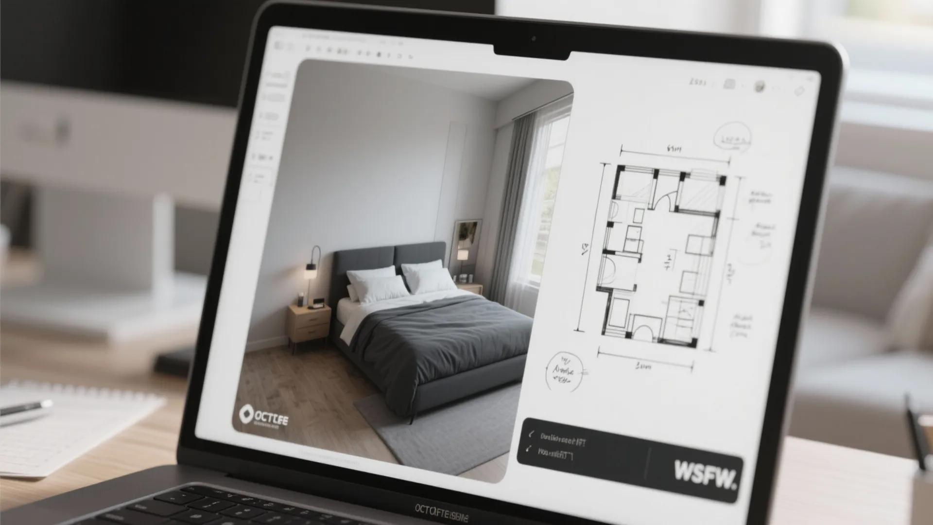 Laptop screen showing a bedroom interior design drawing alongside a 2D floor plan layout design
