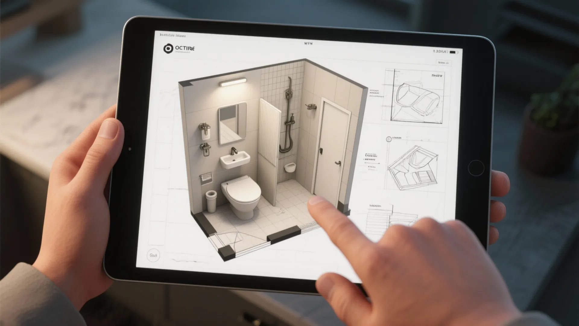 Top-down mockup of a small bathroom floor plan on tablet and paper with fixture options