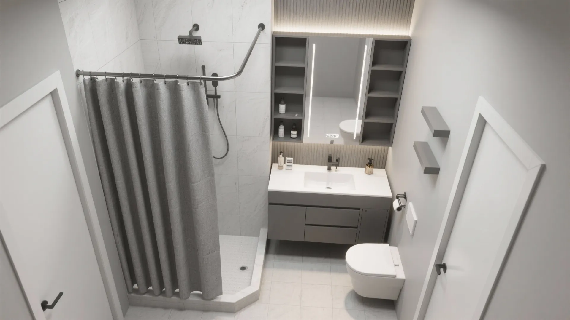 Top view interior design drawing of small grey bathroom with shower curtain sink and toilet