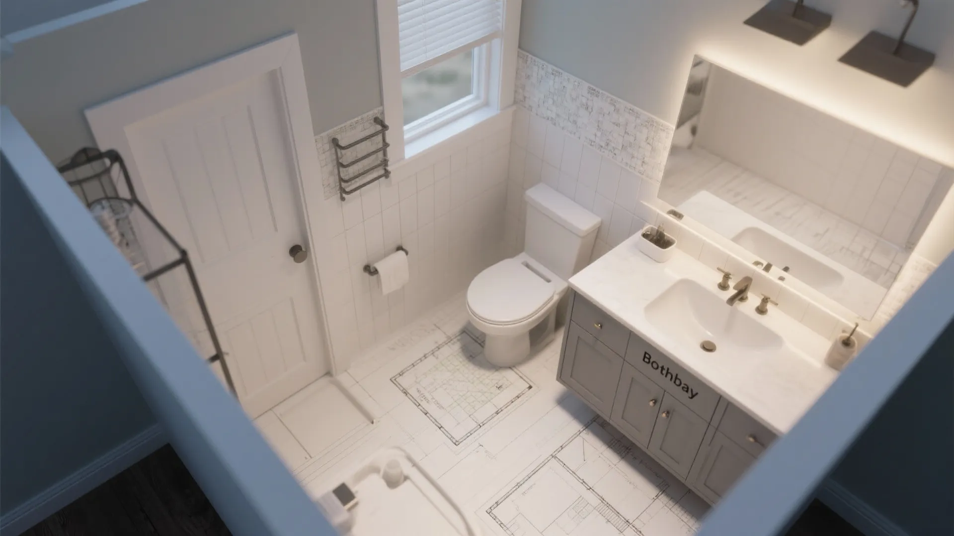 Small bathroom layout design showing toilet white sink cabinet mirror and tiled floor with window