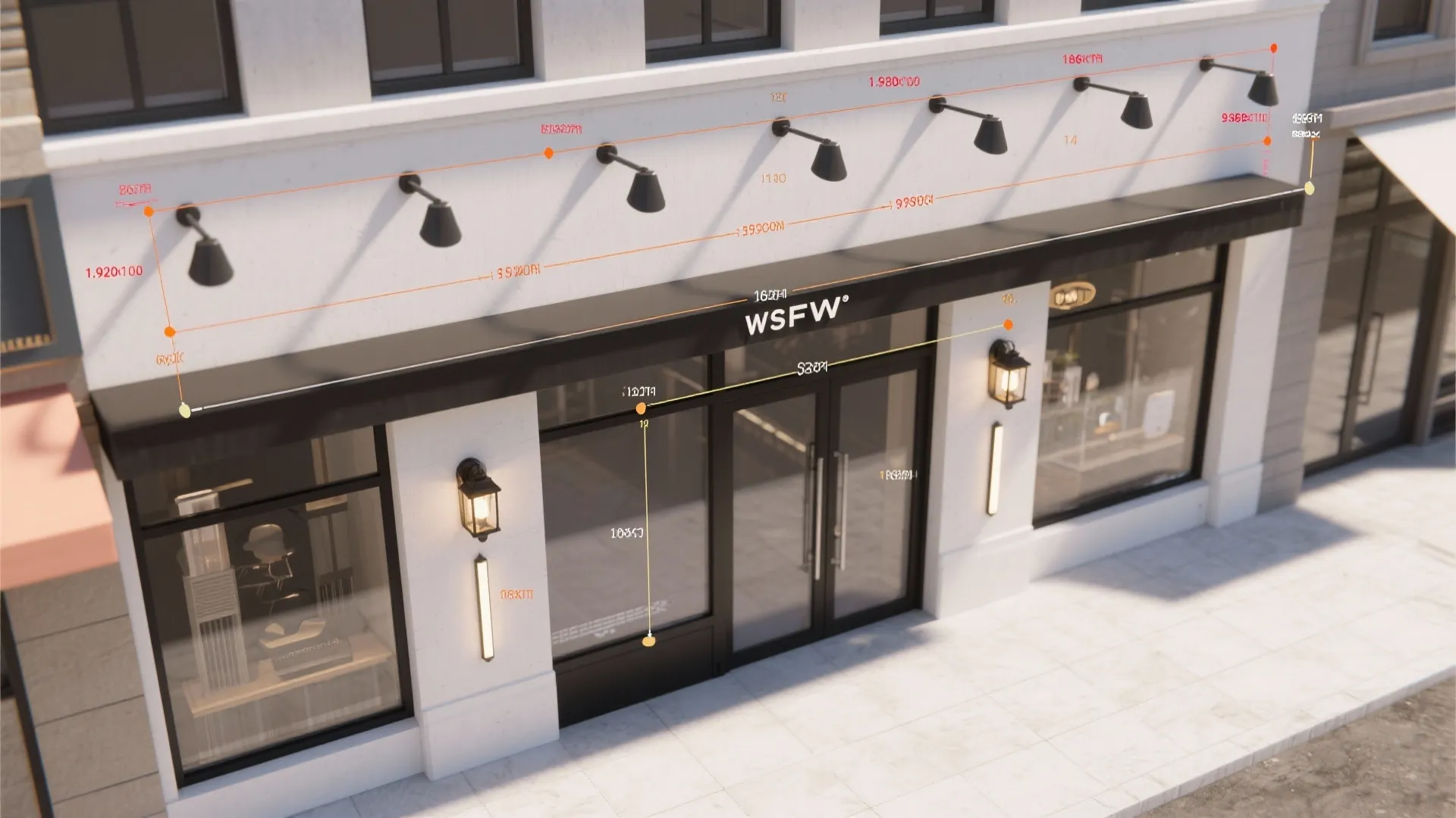 Top-down layout mockup of fixture heights and spacing marked on a storefront elevation