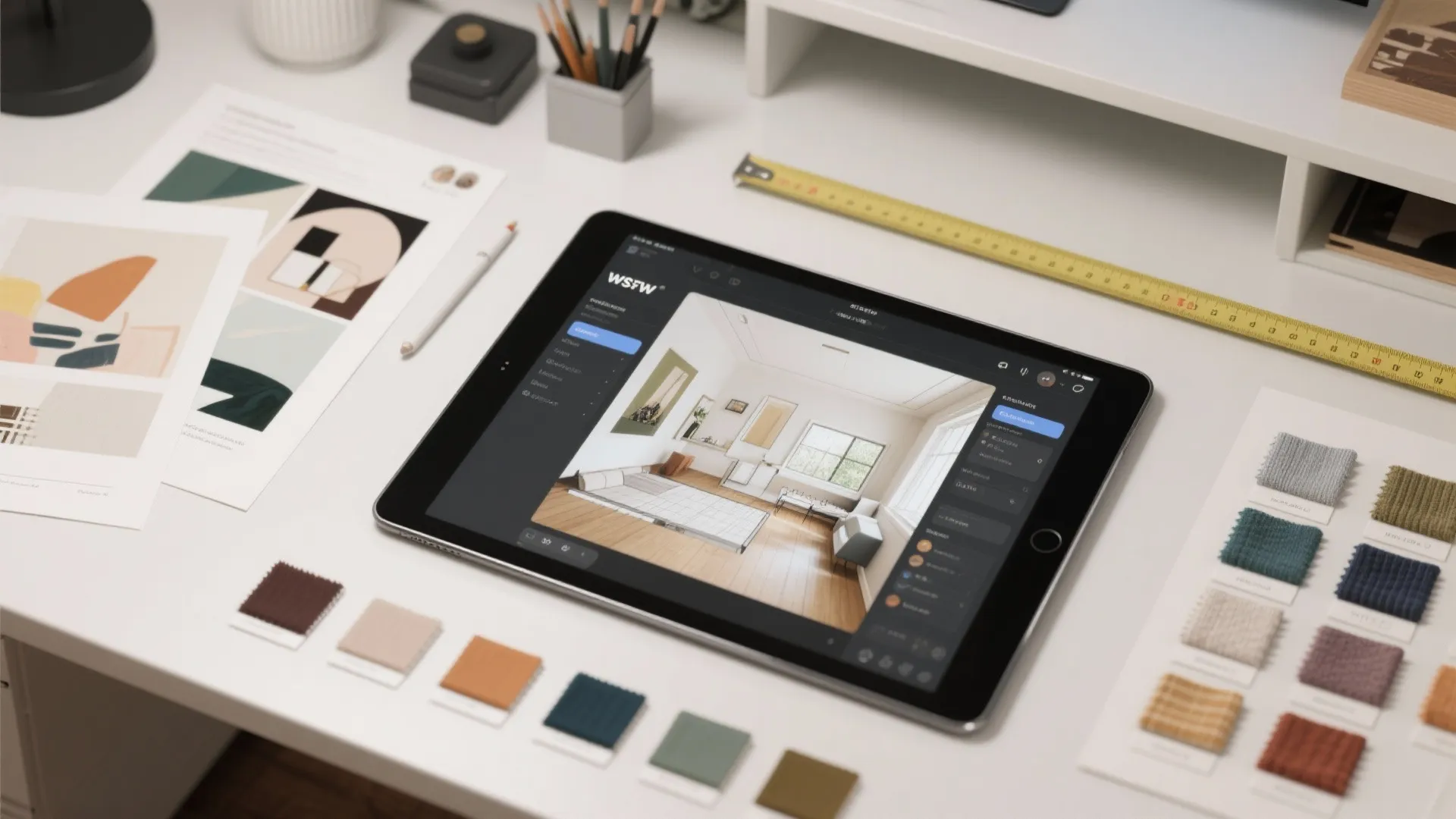 Tablet displaying an interior design drawing on a white desk with color swatches and tools