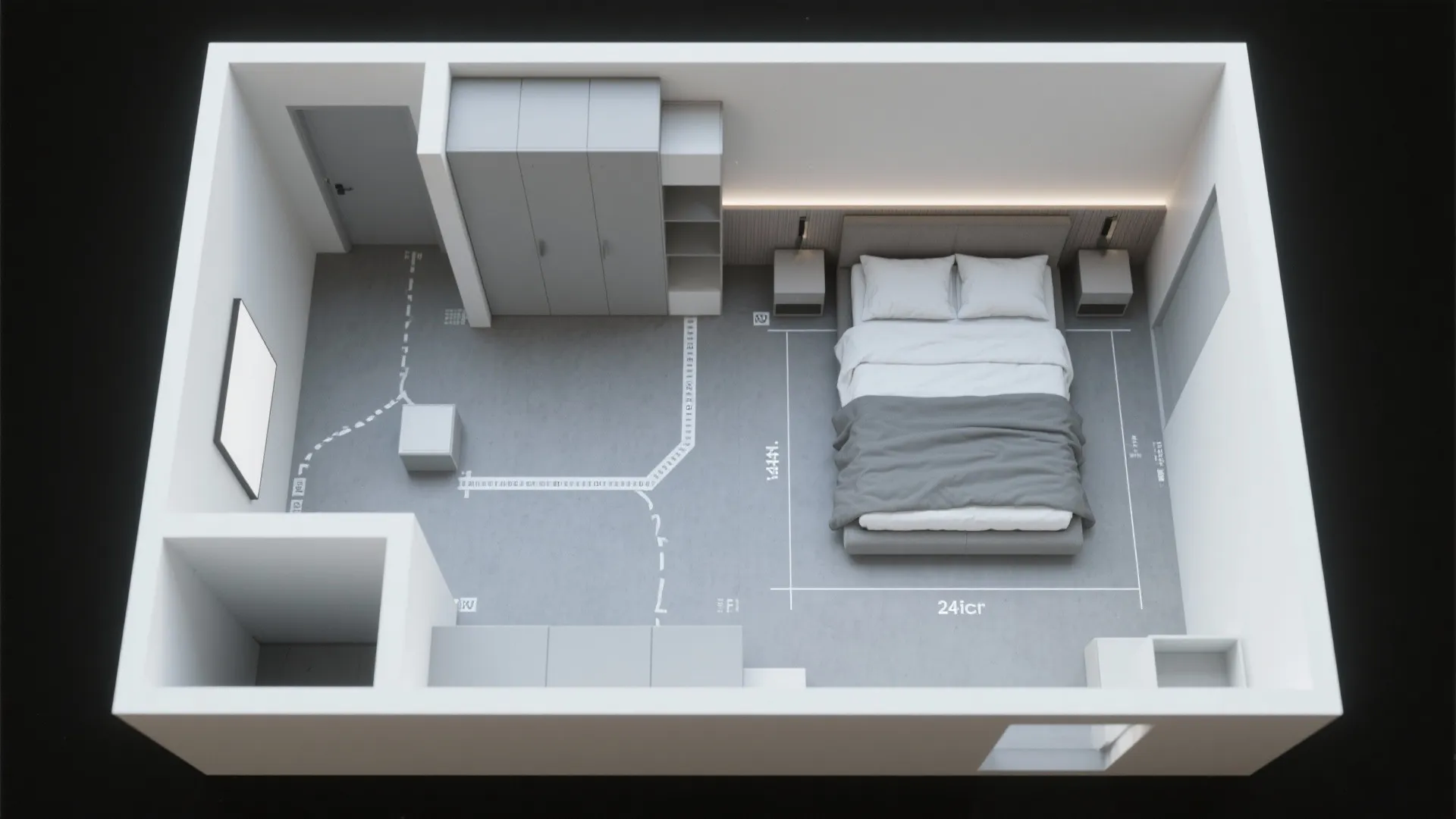 Top-down mock-up layout for a studio showing king bed placement and circulation clearances