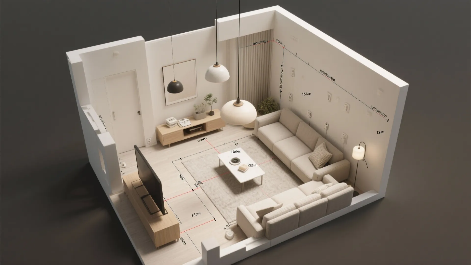 Interior design drawing of a modern living room showing furniture placement and room layout measurements