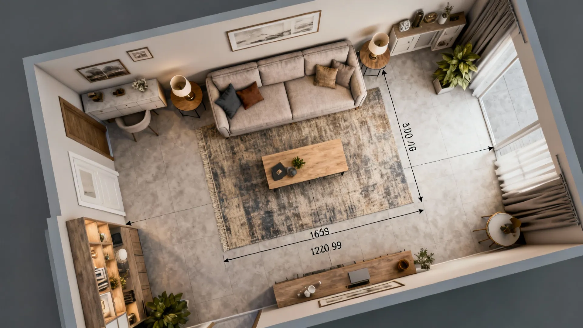 Top-down 3D floor planner mockup showing a center sofa and traffic flow in a small living room.