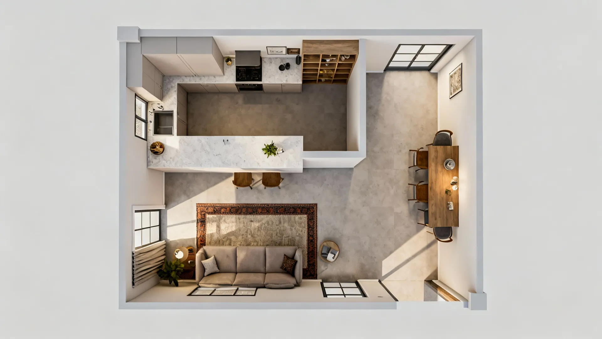 Top-down layout mockup showing combined divider solutions in a small apartment.