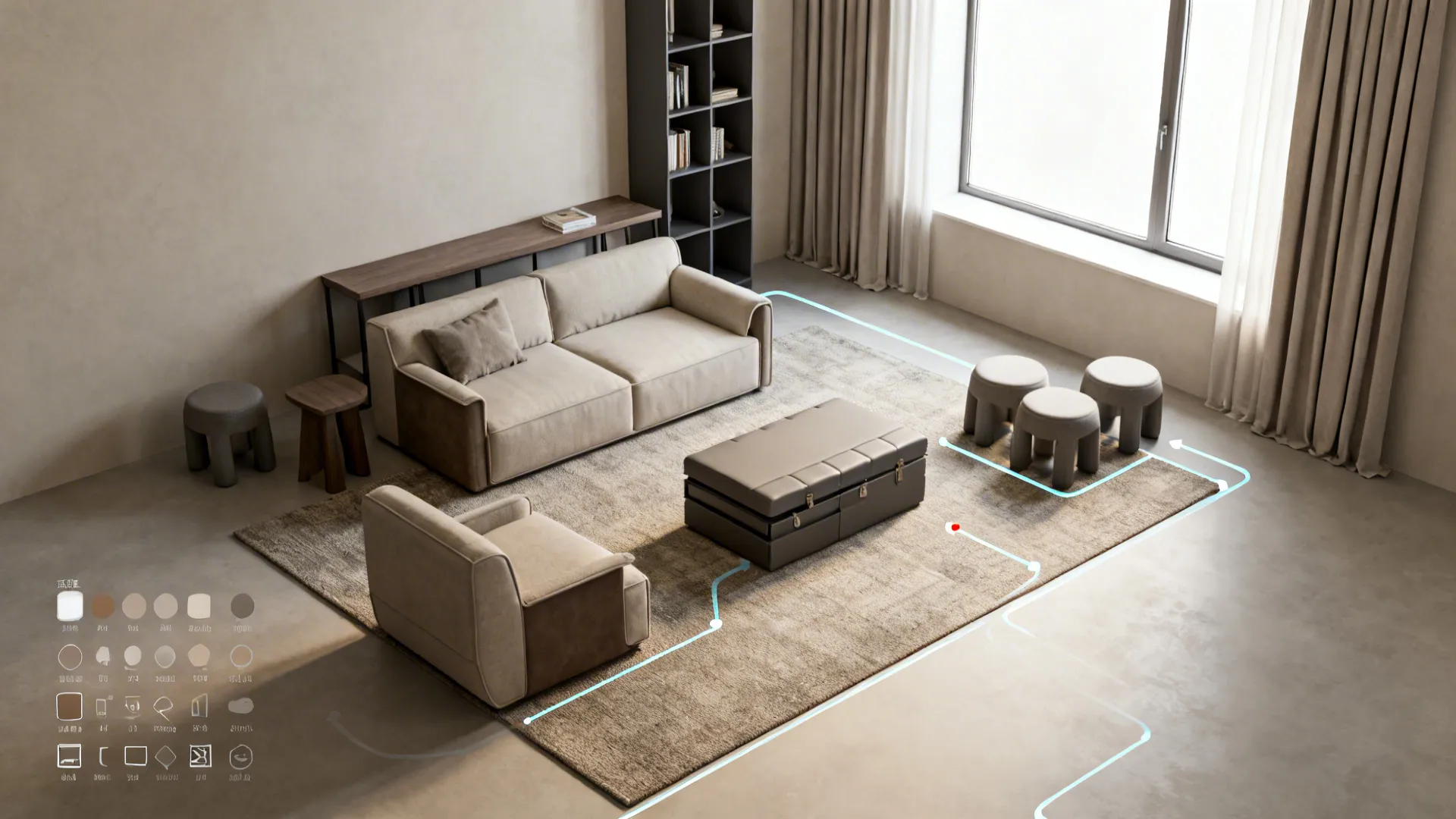 Top-down mockup of a small living room layout showing furniture placement and circulation paths.