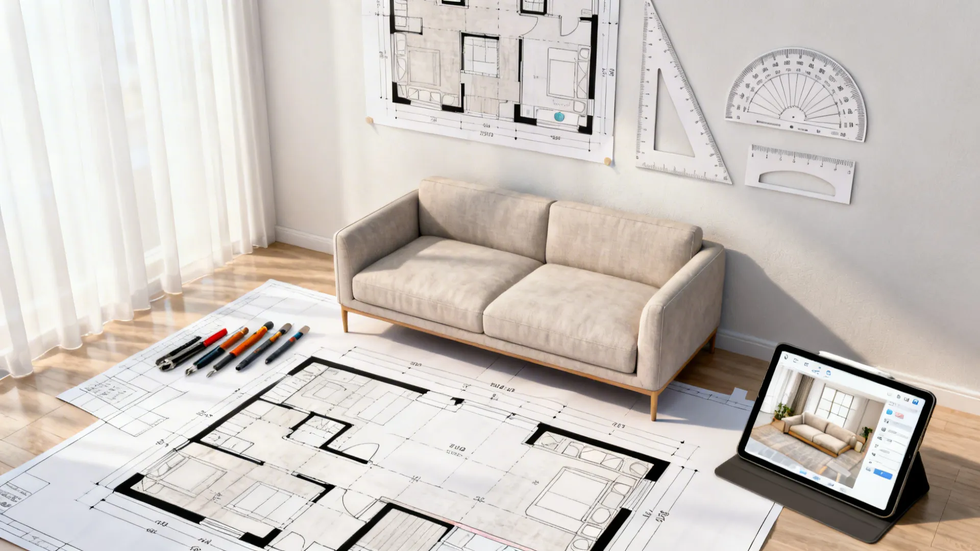 Top-down mockup showing sofa and art scale paper cutouts with a digital room planner on a tablet.