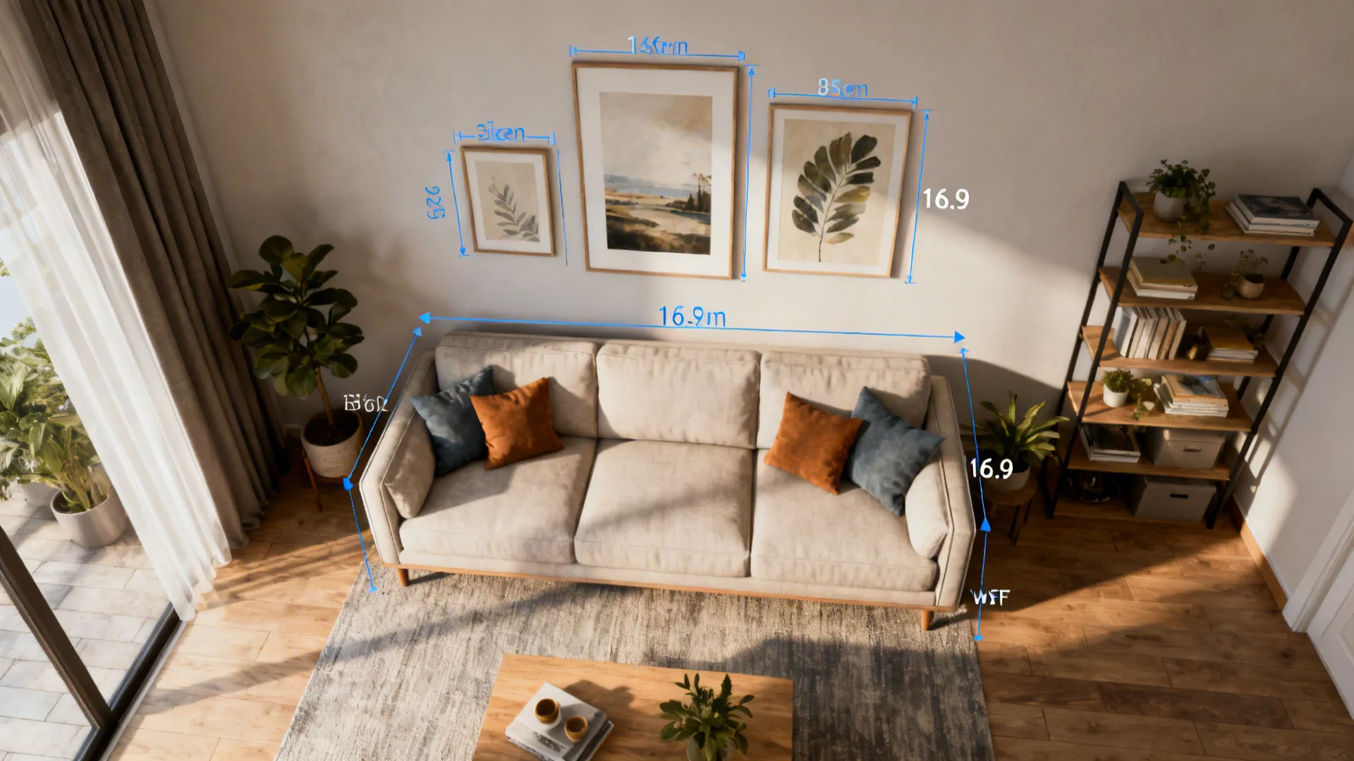 Top-down mockup of a small living room with annotated artwork sizes and shelving heights