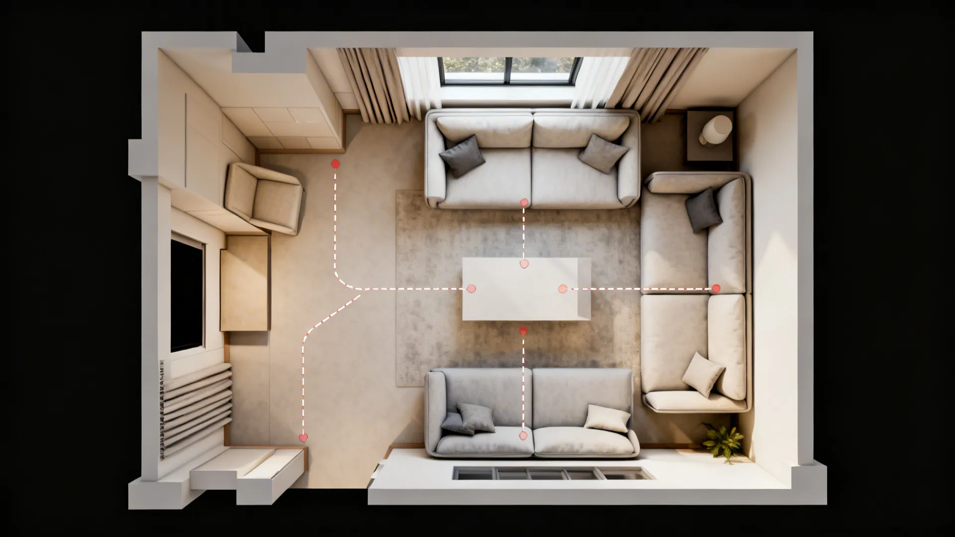 Top-down 3D mockup of a small living room showing furniture placement and sightlines.