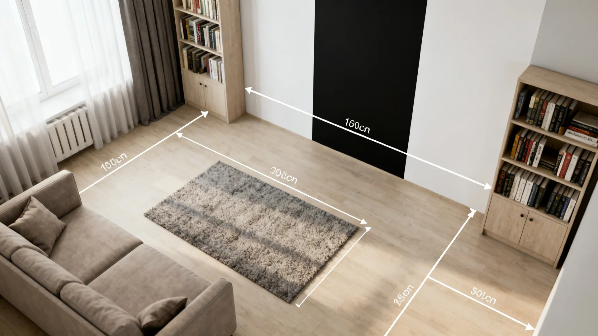 Living room interior design drawing showing furniture layout with dimensions for sofa rug and book shelves