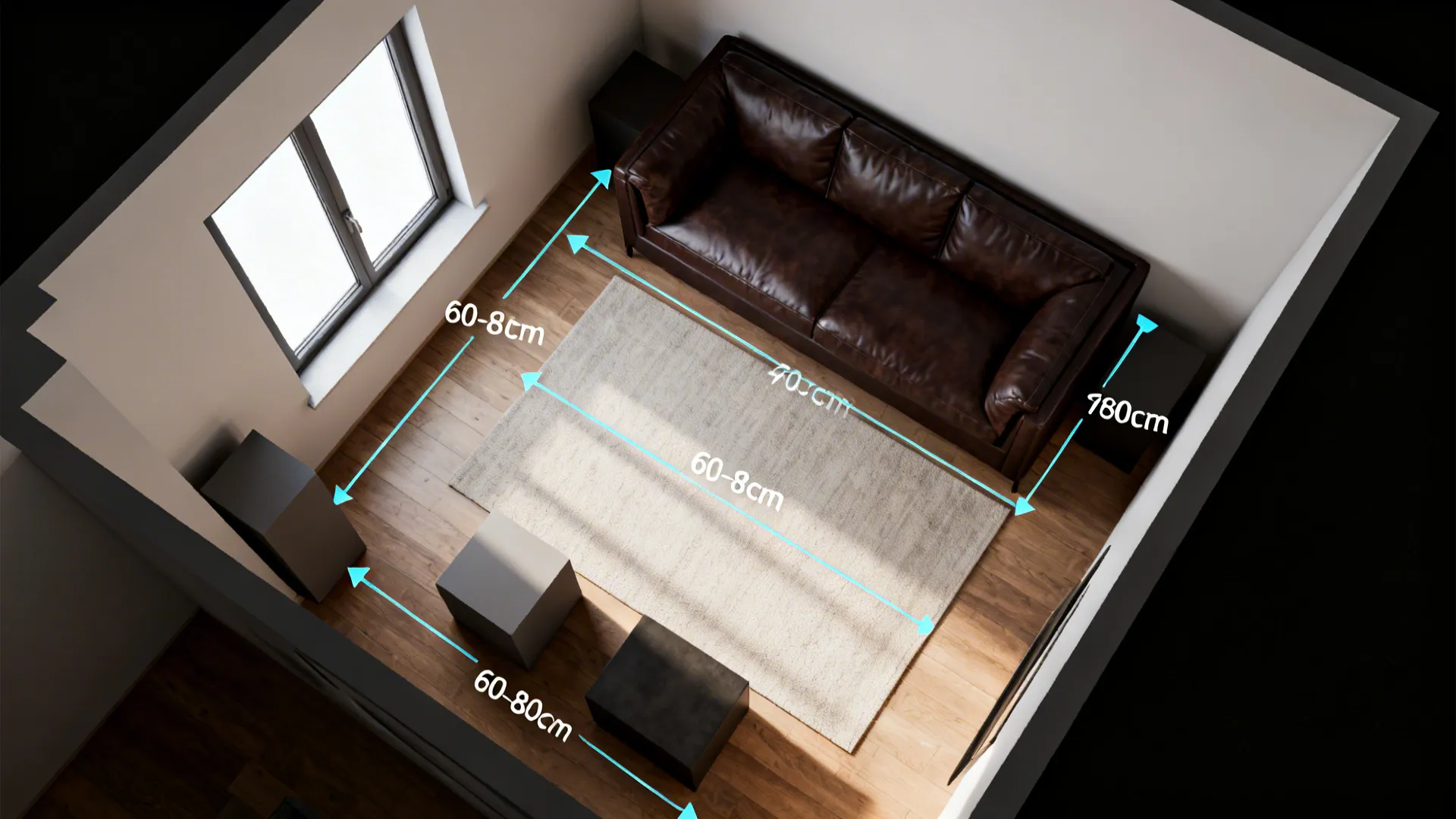 Top-down mockup of a small living room layout with a dark brown leather sofa and circulation markers
