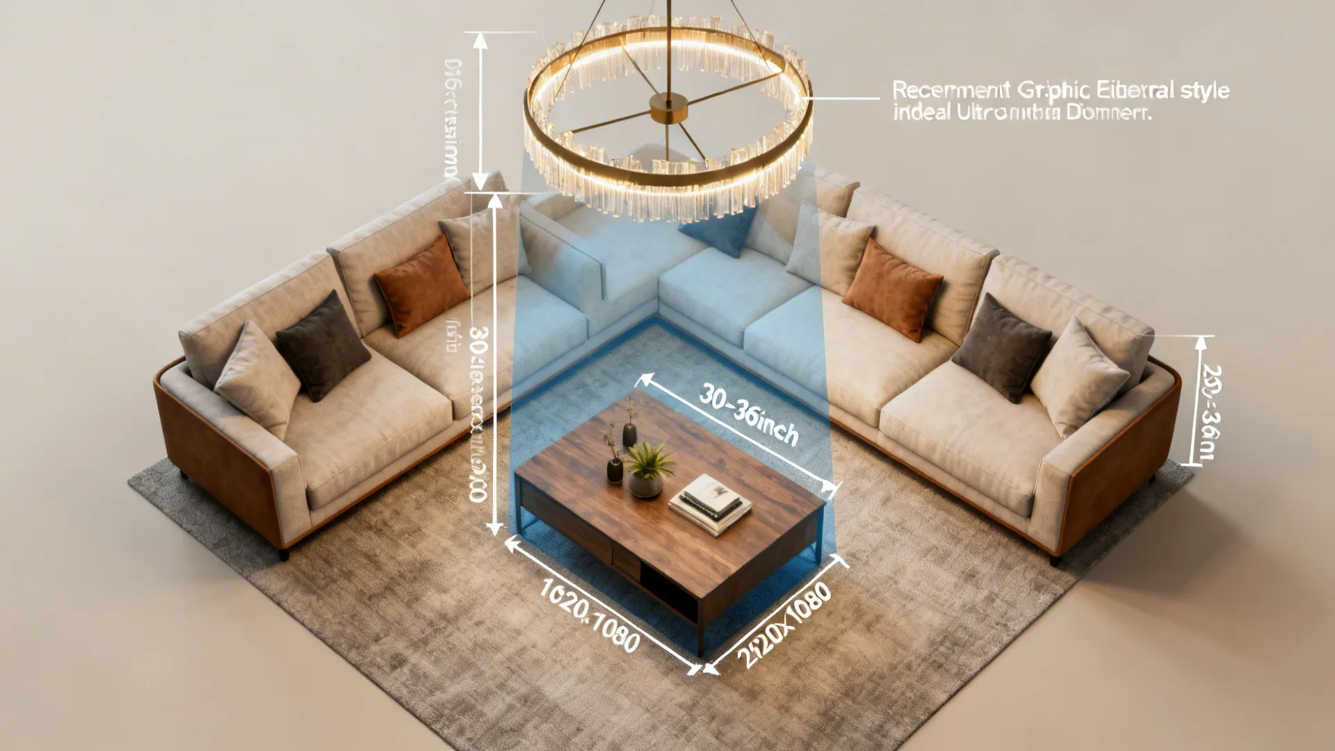 Top-down mockup showing chandelier clearances and recommended diameters for a small living room.