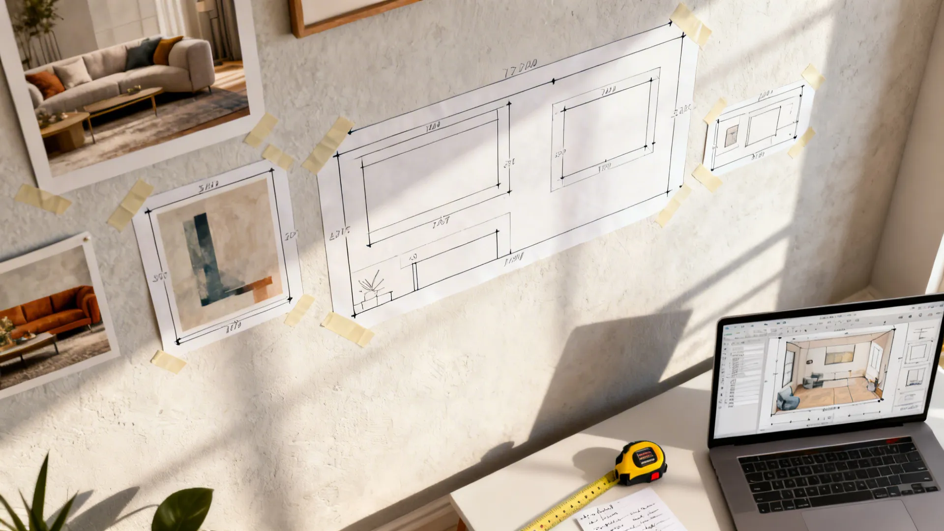 Top-down mockup of wall layout planning with paper templates, measuring tape and a laptop room planner.
