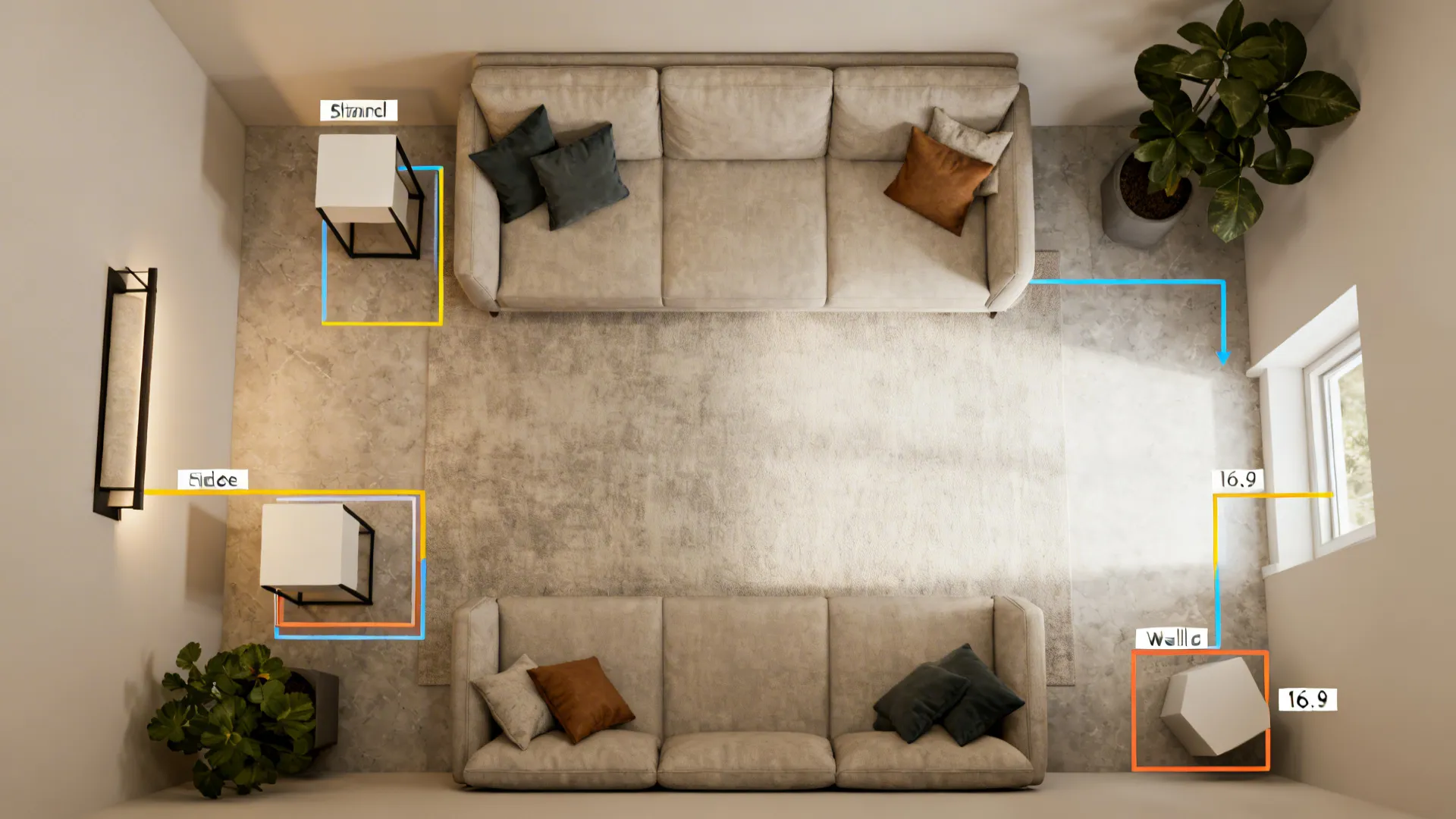 Top-down layout mockup showing side table placement options and circulation paths in a small living room.