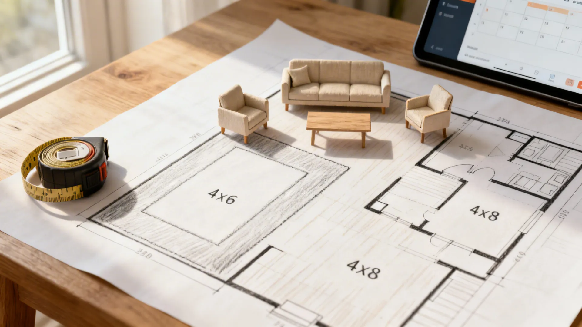 To-scale floor plan mockup with rug outlines, furniture cutouts and a tablet showing a planner.