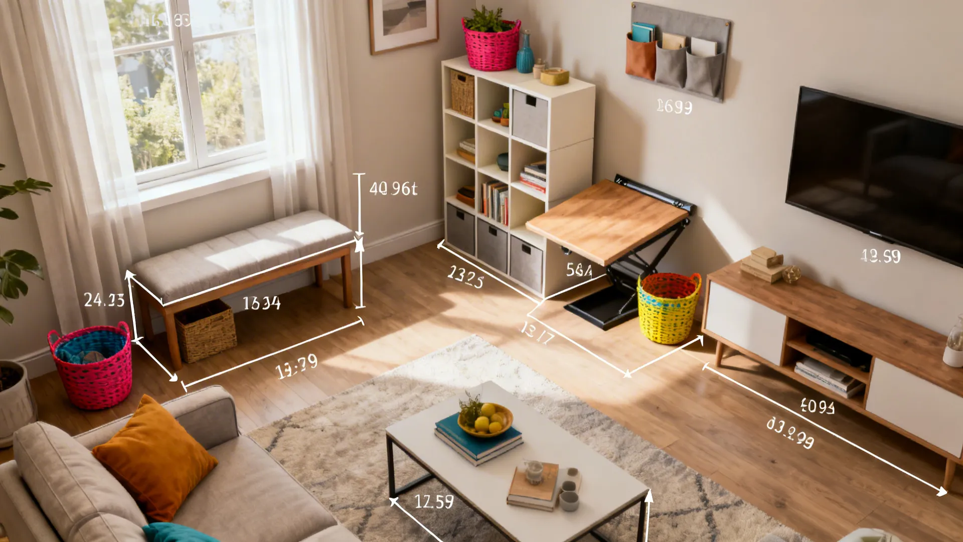 Top-down room planner mockup showing furniture configurations for toy storage in a small living room
