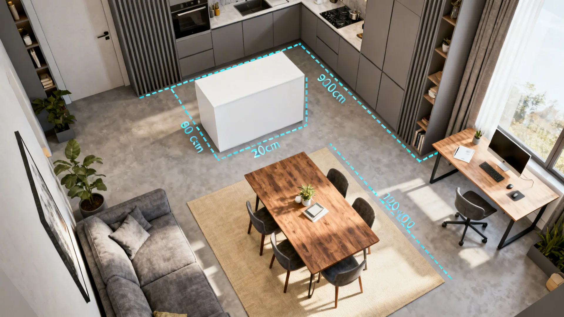 Top-down mockup of an open-plan layout showing zones, island and circulation clearances.