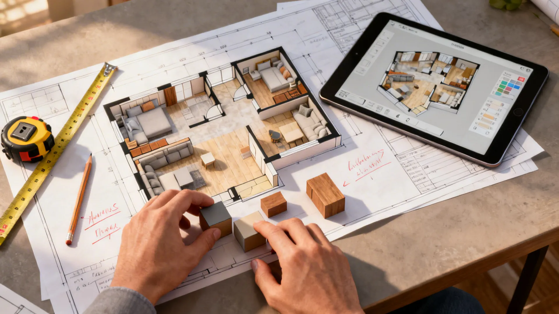 Top-down planner scene with tape measure and tablet showing a 3D room layout for quick mockups.