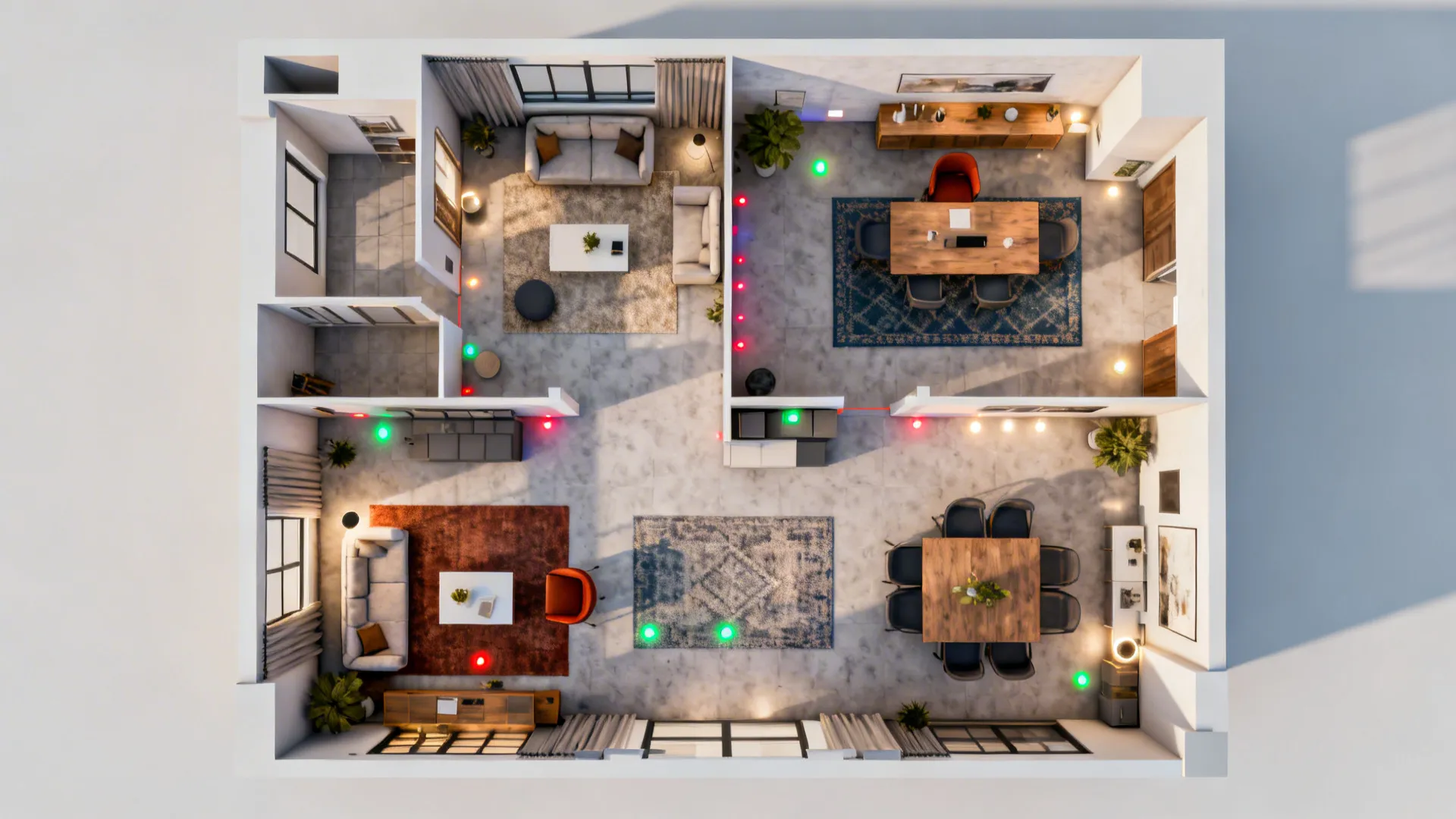 Top-down room planner mockup showing furniture arrangements and zoning
