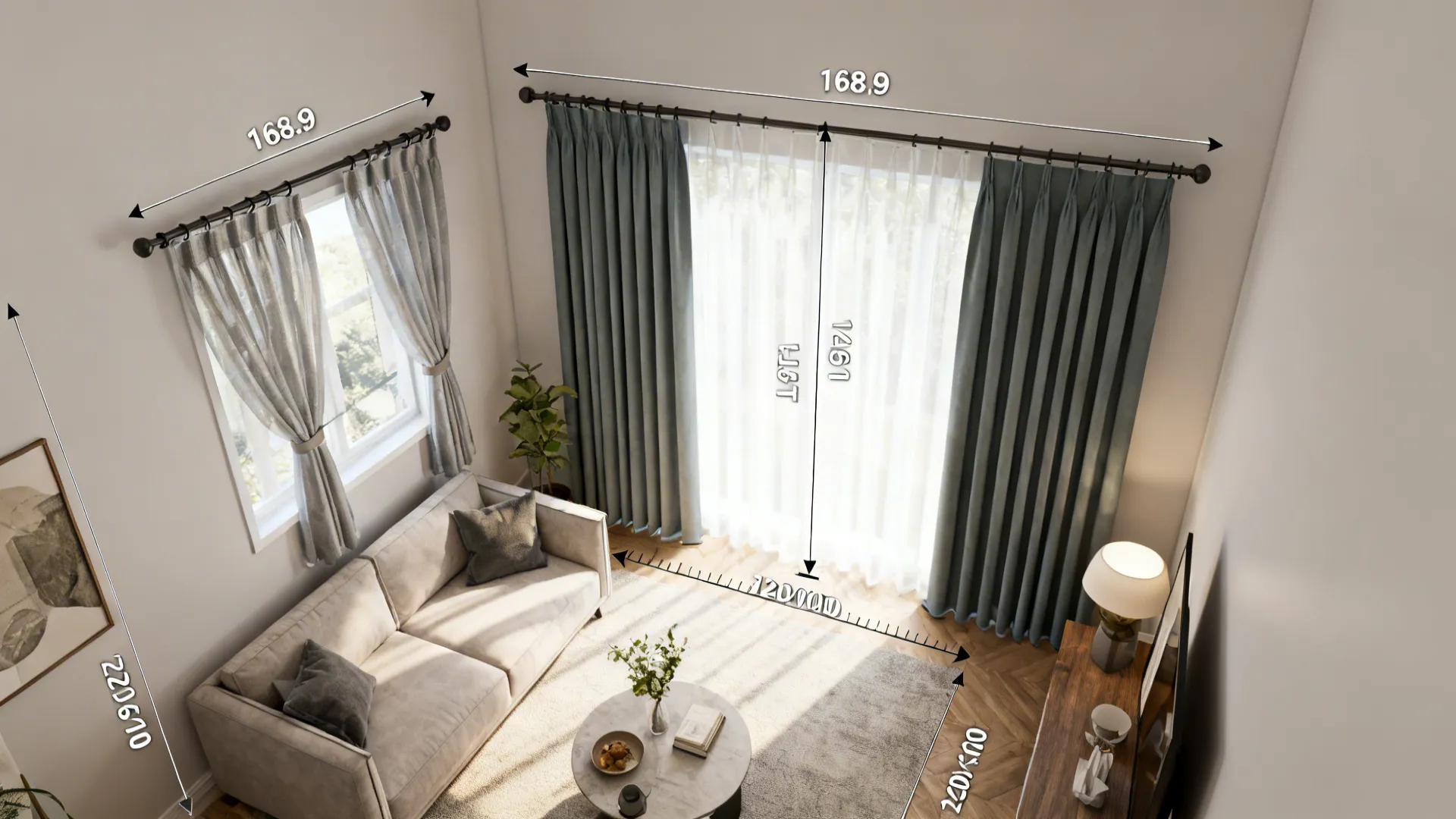 Top-down mockup showing curtain placement options and measurements for a small living room
